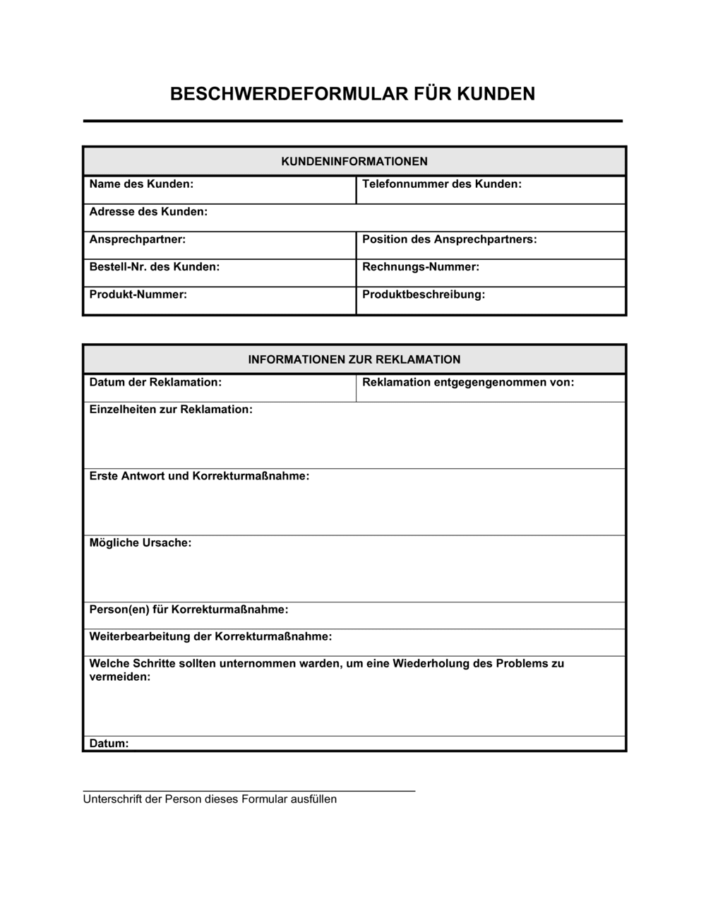 Business-in-a-Box's Beschwerdeformular für Kunden