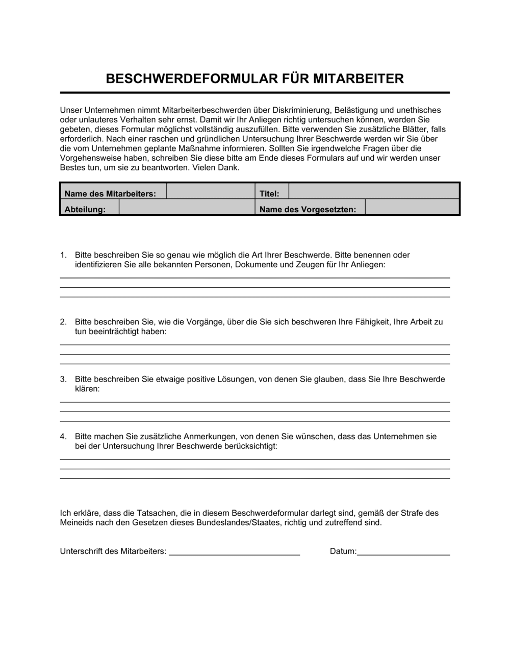 Business-in-a-Box's Beschwerdeformular für Mitarbeiter
