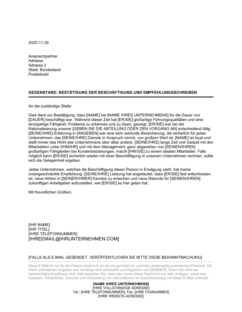 Business-in-a-Box's Bestätigung der Beschäftigung und Empfehlungsschreiben