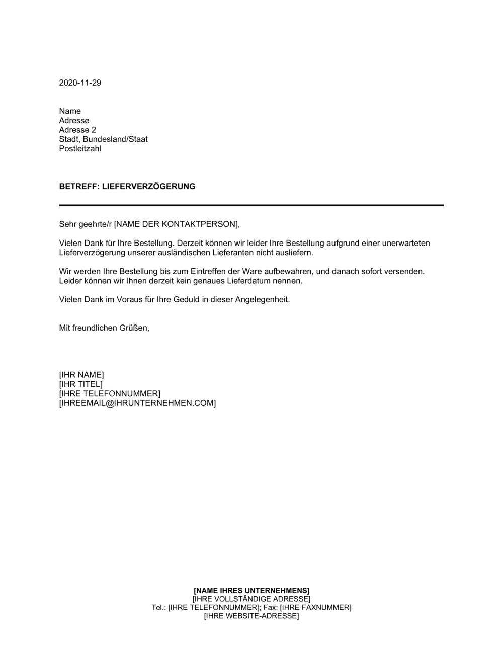 Business-in-a-Box's Bestätigung der Korrespondenz über den Hinweis einer Verzögerung durch die Post