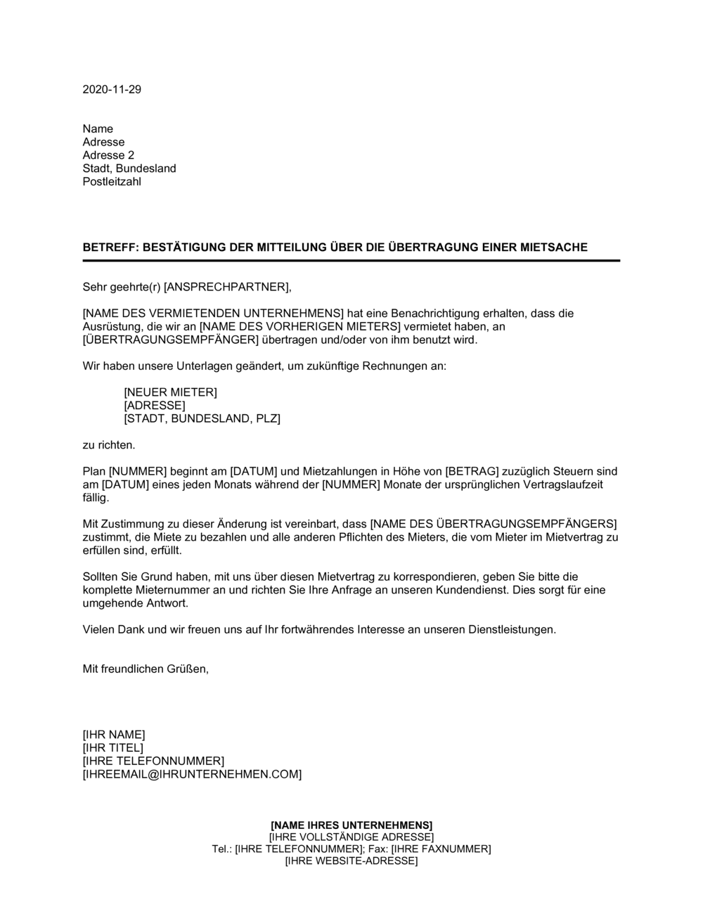 Business-in-a-Box's Bestätigung der Mitteilung über die Übertragung einer Mietsache