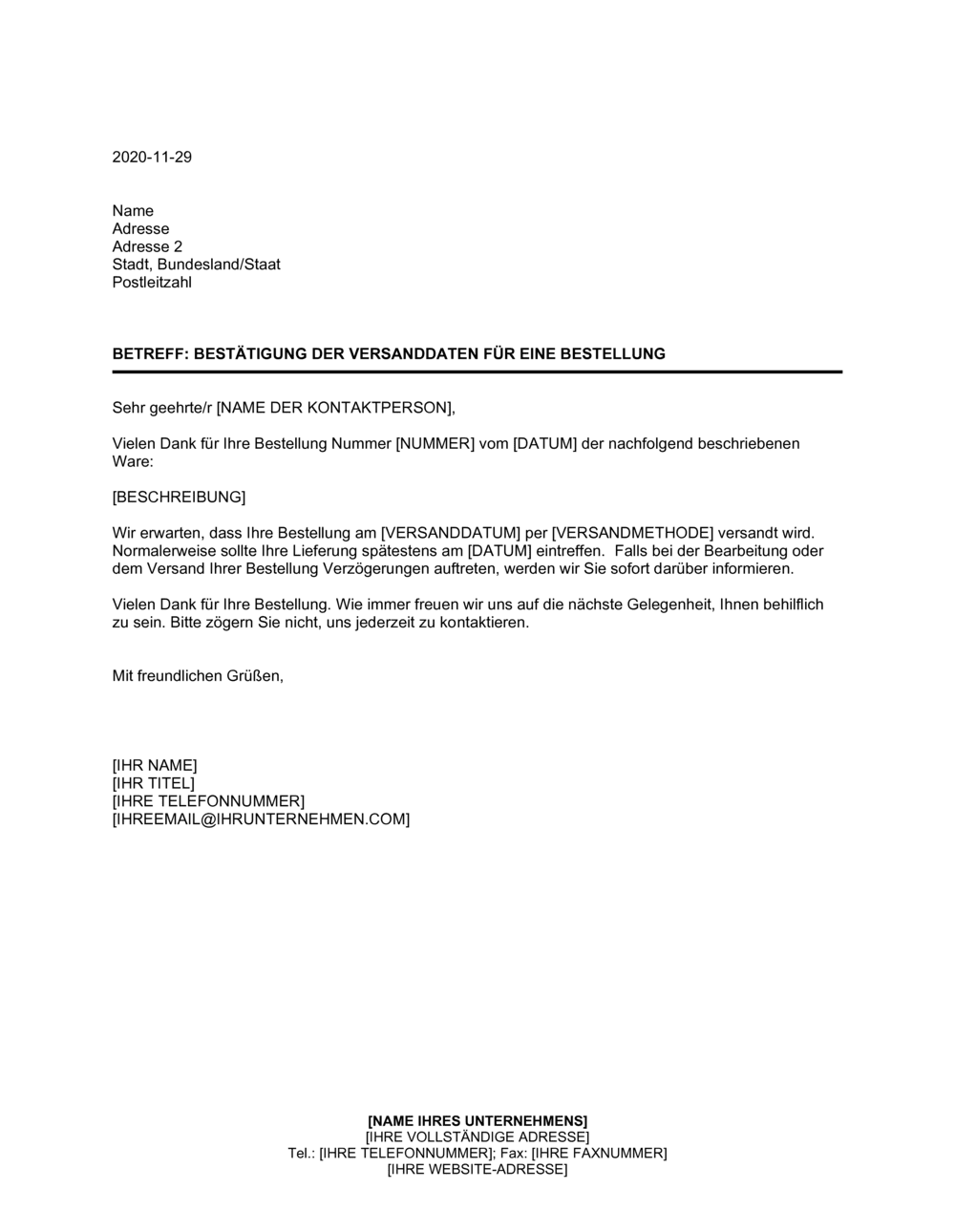 Business-in-a-Box's Bestätigung der Versanddaten für eine Bestellung