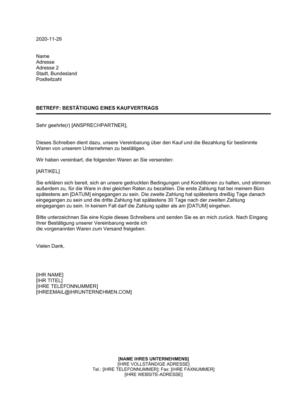 Business-in-a-Box's Bestätigung eines Kaufvertrags