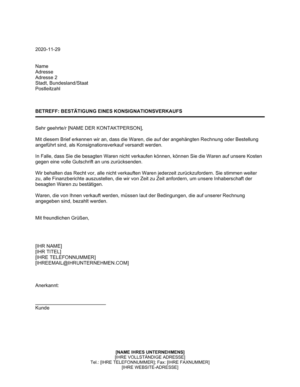 Business-in-a-Box's Bestätigung eines Konsignationsverkaufs