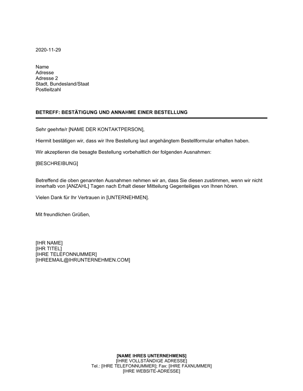 Business-in-a-Box's Bestätigung und Annahme einer Bestellung