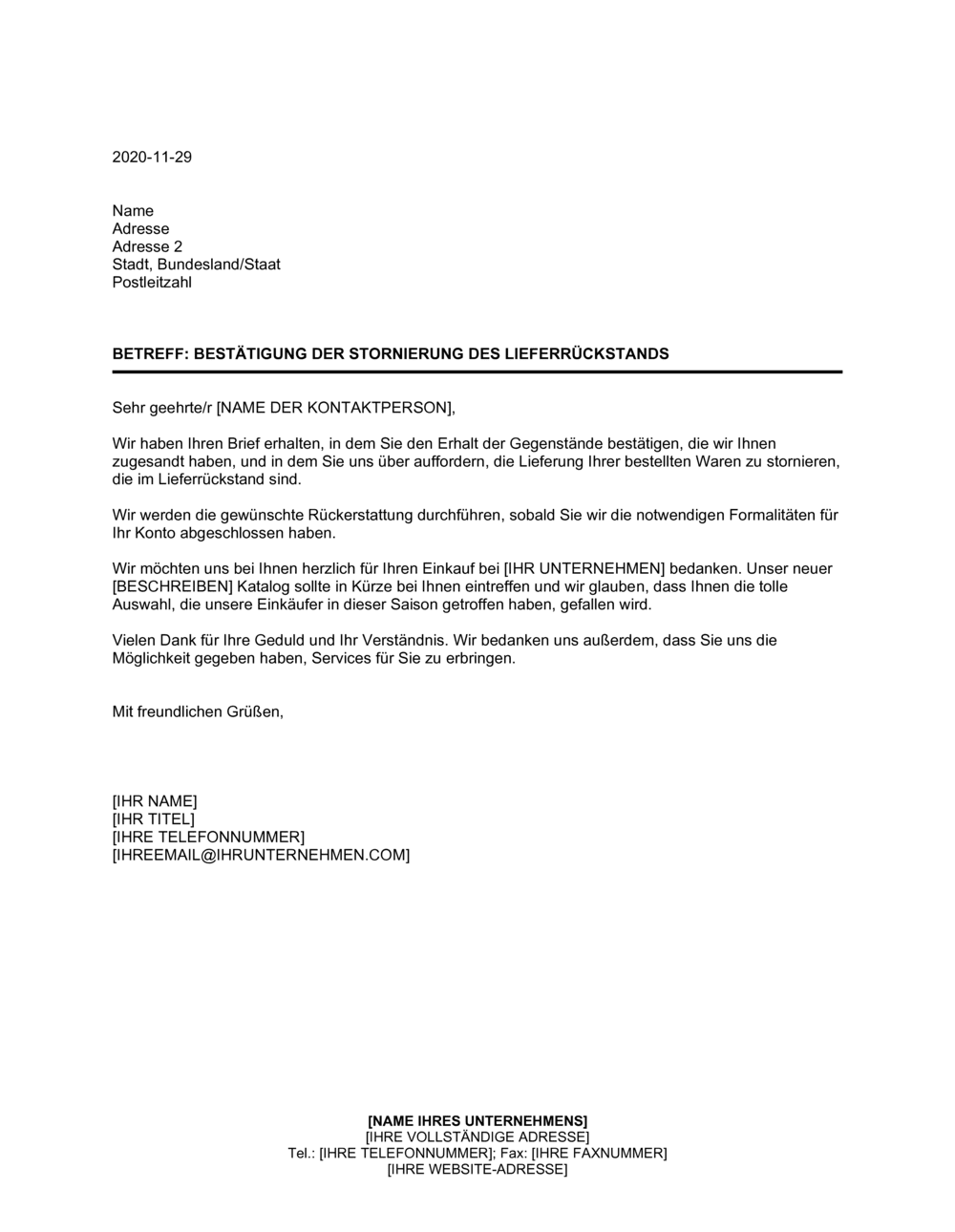 Business-in-a-Box's Bestätigung und Stornierung des Lieferrückstands