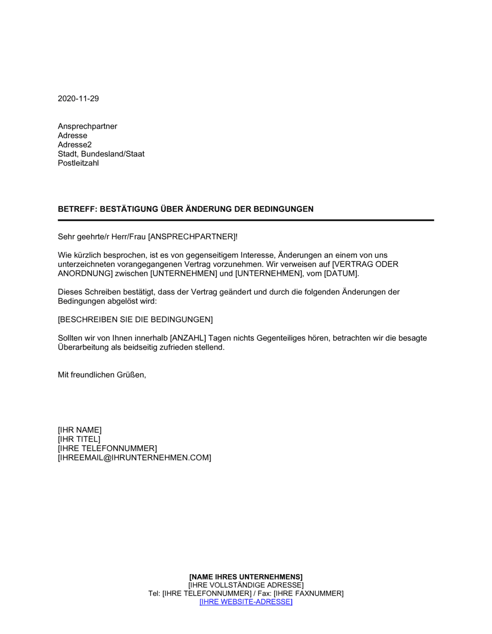 Business-in-a-Box's Bestätigung über abgeänderte Bedingungen