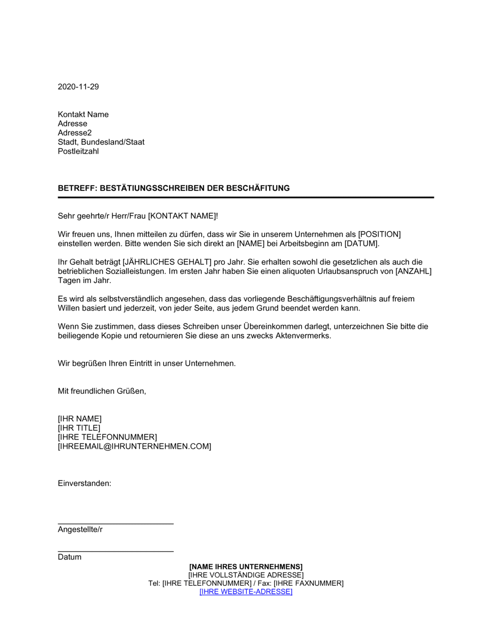 Business-in-a-Box's Bestätigungsschreiben der Beschäftigung