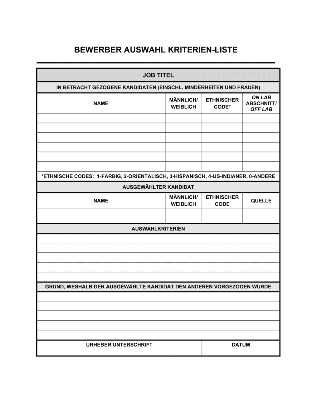 Business-in-a-Box's Bewerber Auswahl Kriterien Liste