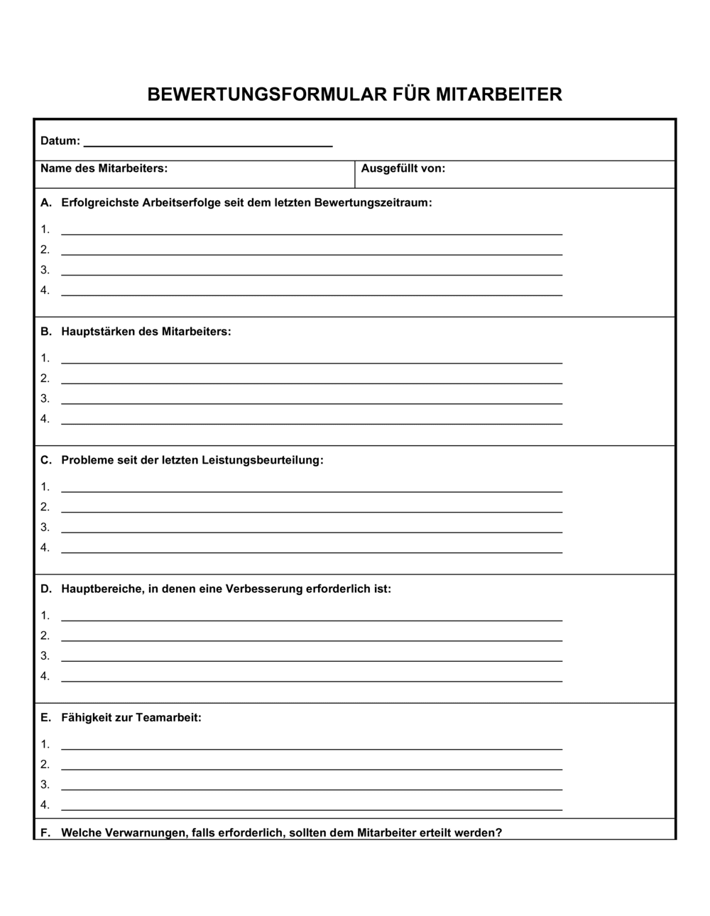 Business-in-a-Box's Bewertungsformular für Mitarbeiter