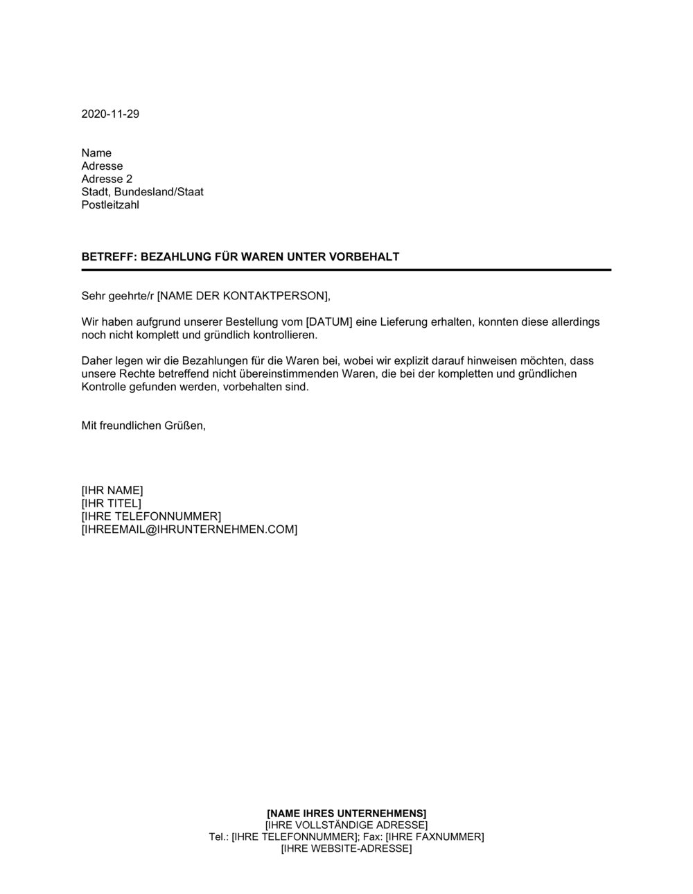 Business-in-a-Box's Bezahlung für Waren unter Vorbehalt