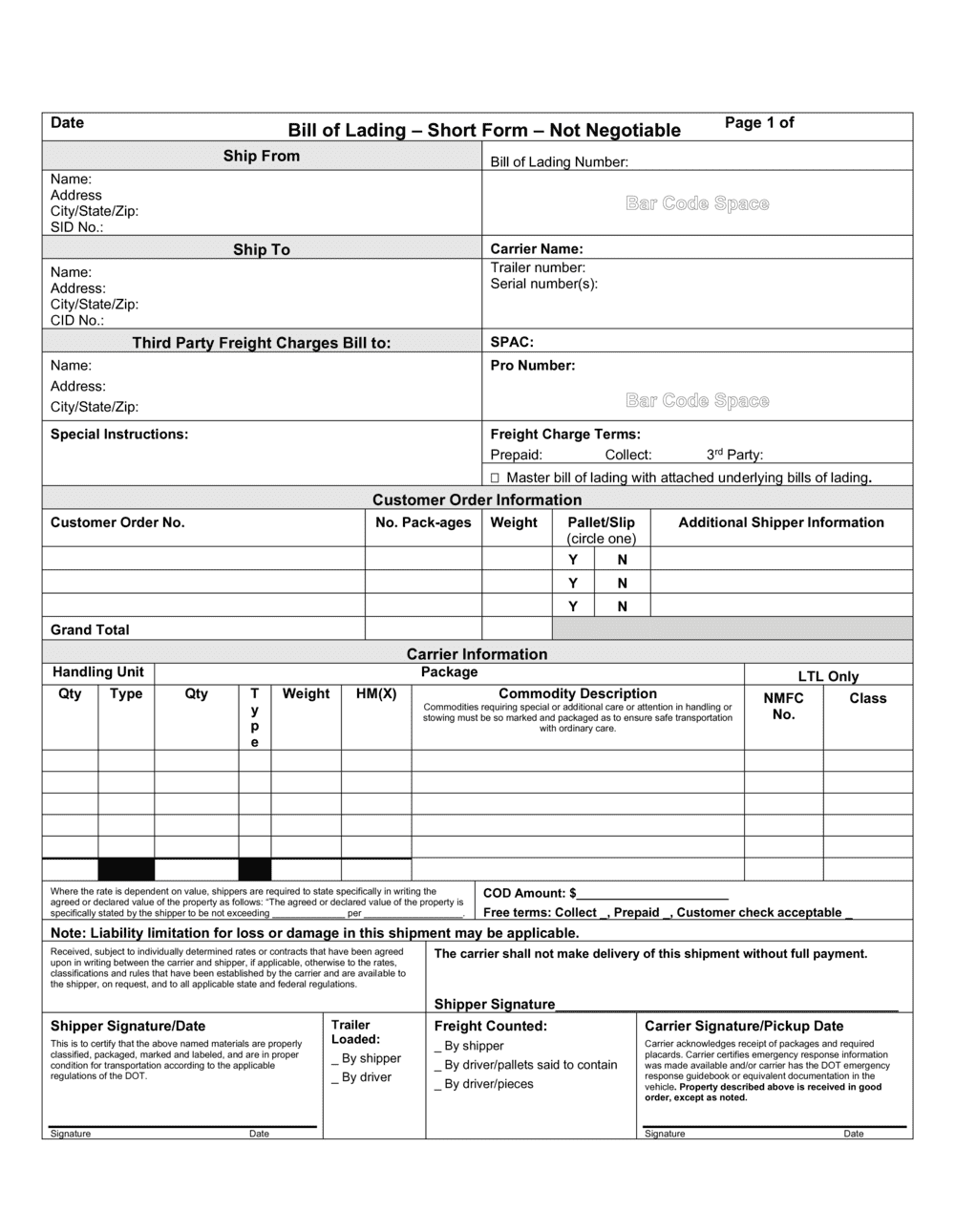 Bill Of Lading Template By Business in a Box 
