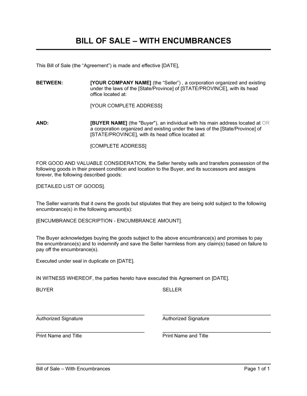 Business-in-a-Box's Bill of Sale With Encumbrances Template