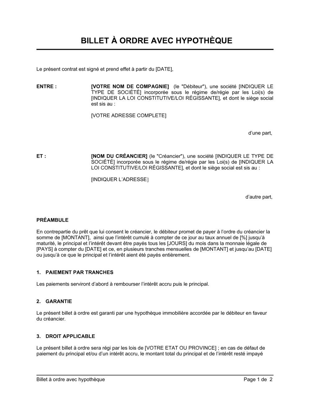 Business-in-a-Box's Billet à ordre avec hypothèque