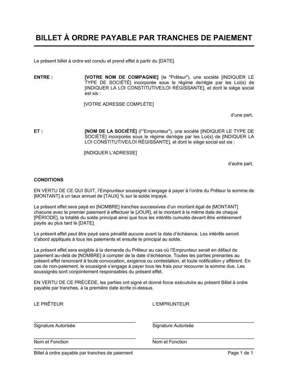 Business-in-a-Box's Billet à ordre payable par tranches de paiement