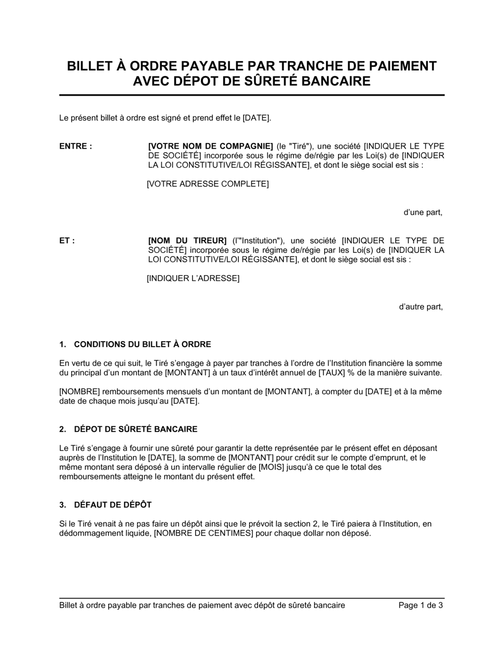 Business-in-a-Box's Billet à ordre payable par tranches de paiement avec dépôt de sûreté bancaire