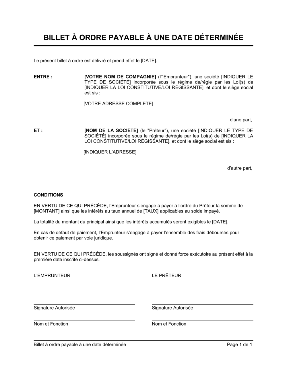 Business-in-a-Box's Billet à ordre payable à une date donnée déterminée version courte