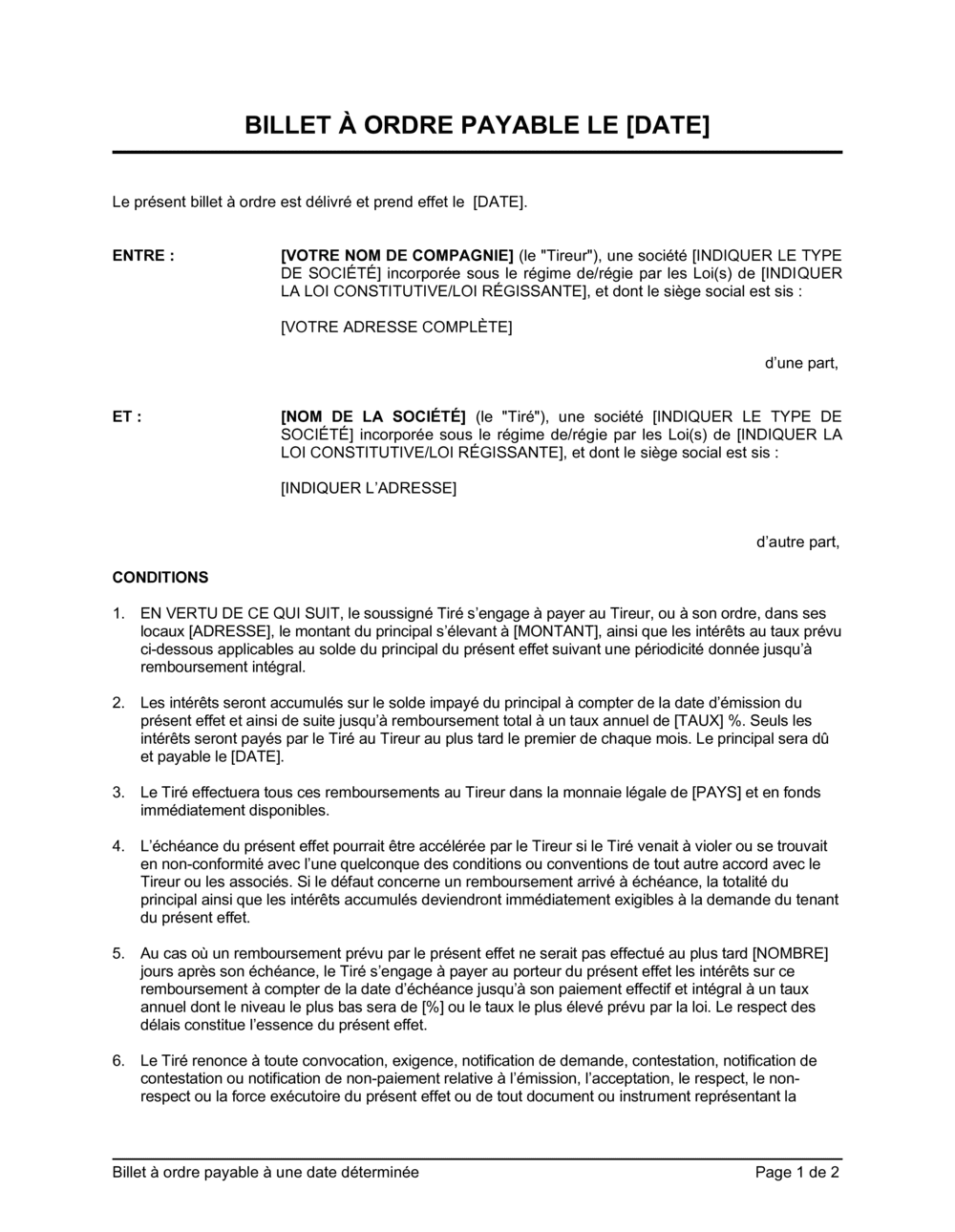 Business-in-a-Box's Billet à ordre payable à une date déterminée