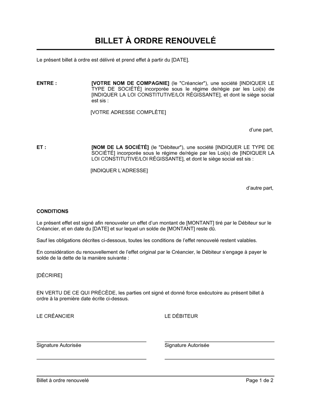 Business-in-a-Box's Billet à ordre renouvelé