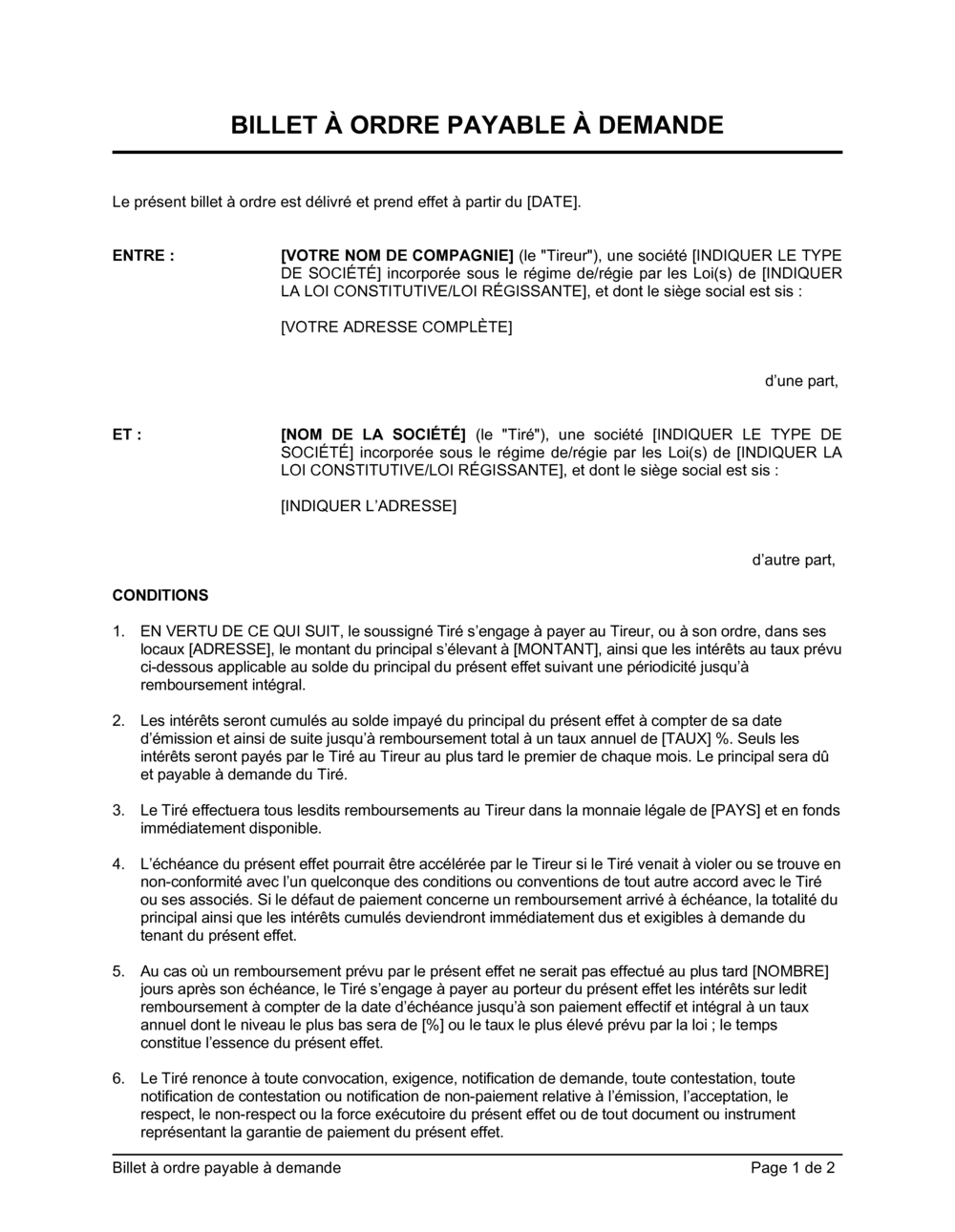 Business-in-a-Box's Billets à ordre payable à demande avec clause d'accélération