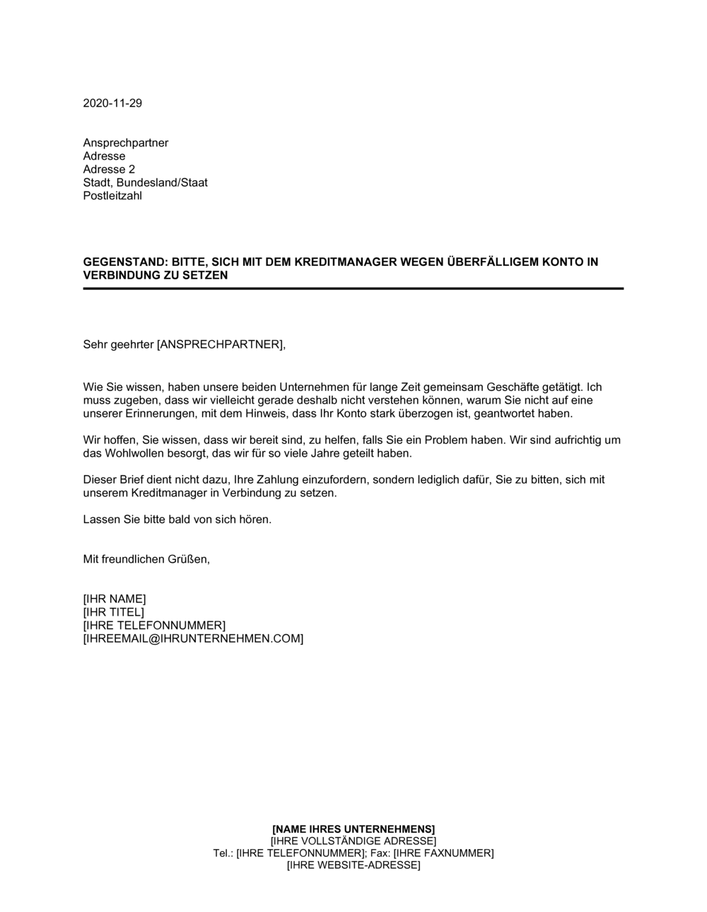 Bitte, sich mit dem Kreditmanager wegen überfälligem Konto in Verbindung zu setzen