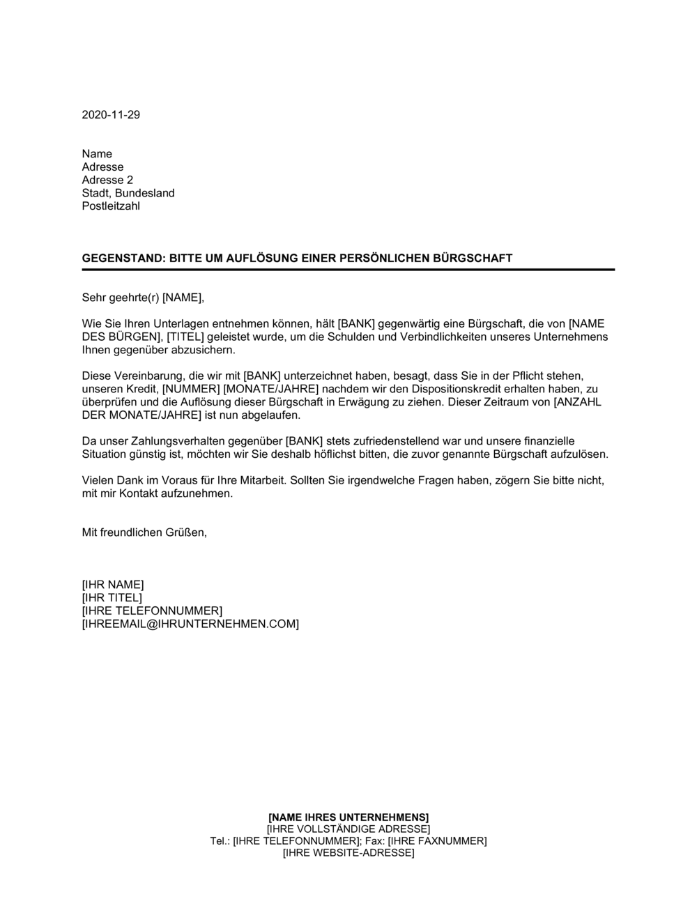 Business-in-a-Box's Bitte um Auflösung einer persönlichen Bürgschaft