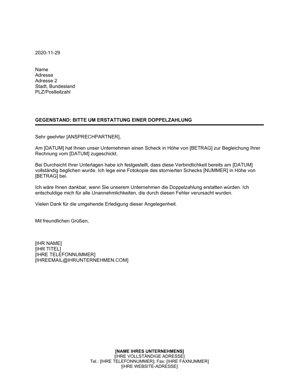 Business-in-a-Box's Bitte um Erstattung einer Doppelzahlung