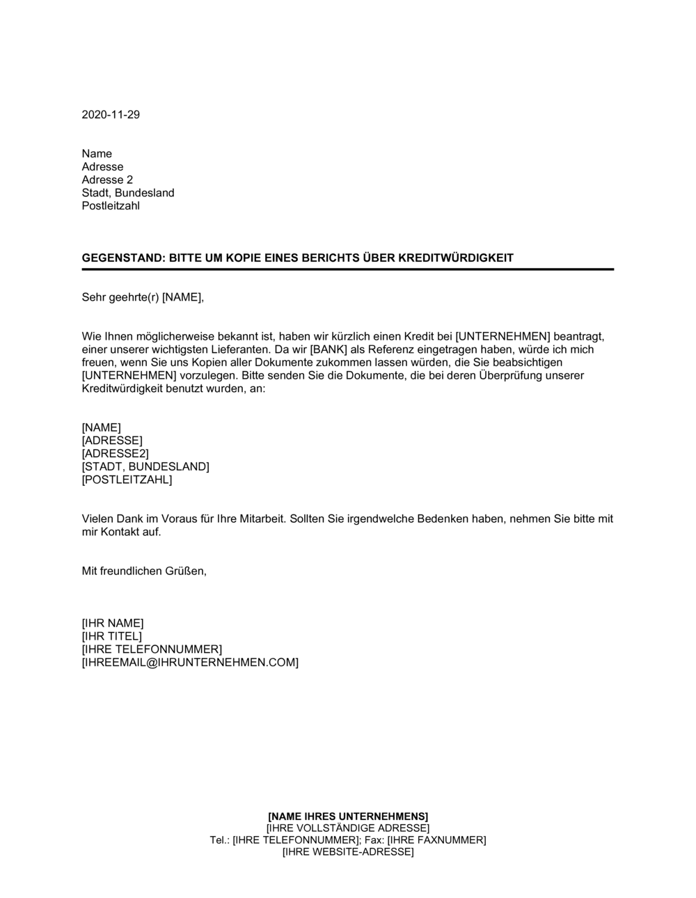 Business-in-a-Box's Bitte um Kopie eines Berichtes über Kreditwürdigkeit