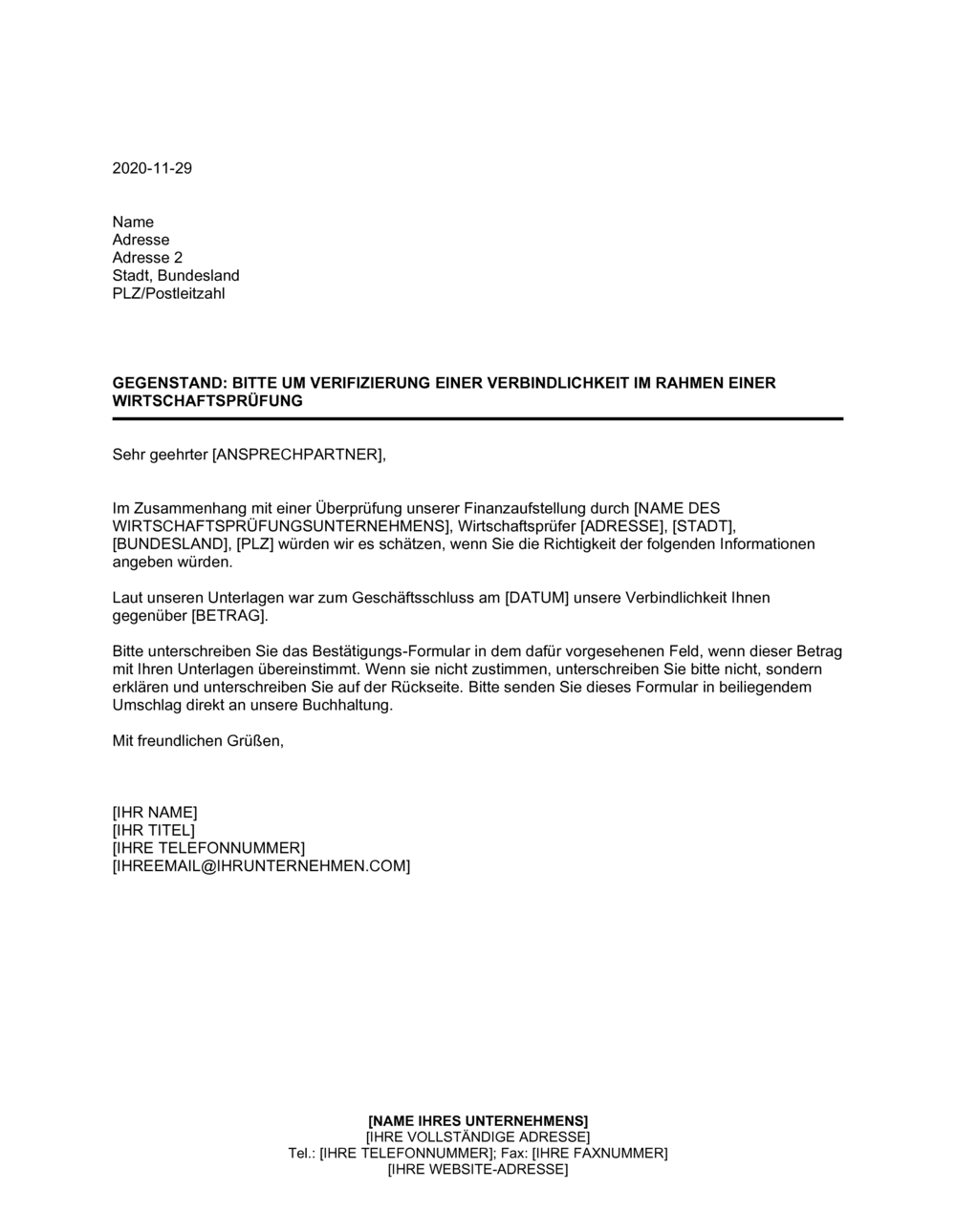 Business-in-a-Box's Bitte um Verifizierung einer Verbindlichkeit im Rahmen einer Wirtschaftsprüfung