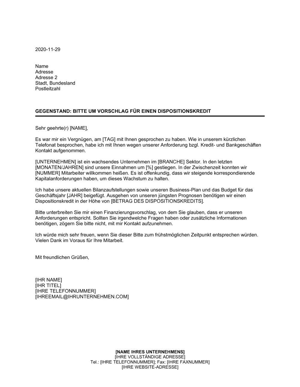 Business-in-a-Box's Bitte um Vorschlag für einen Dispositionskredit