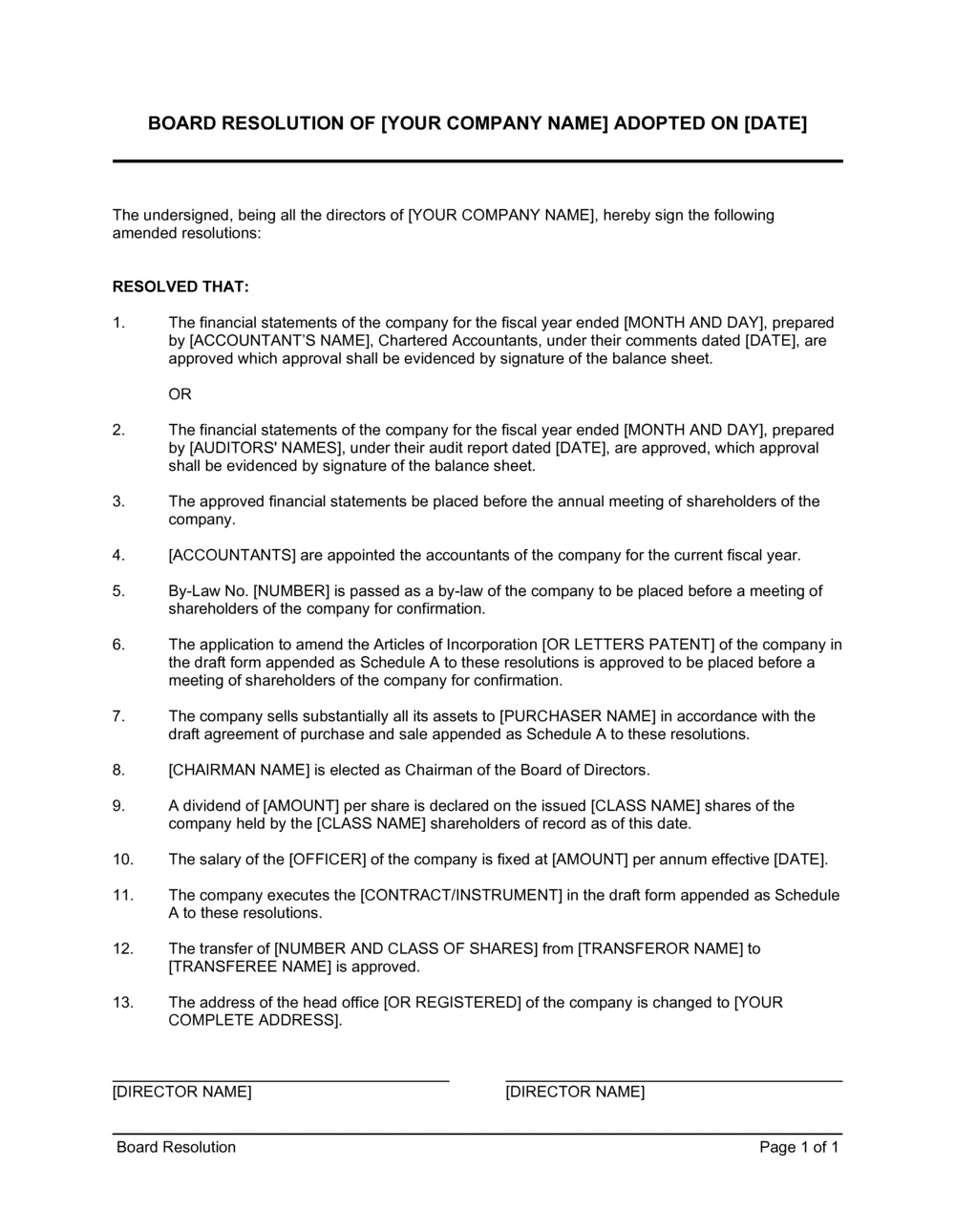 Sample Board Resolution Document