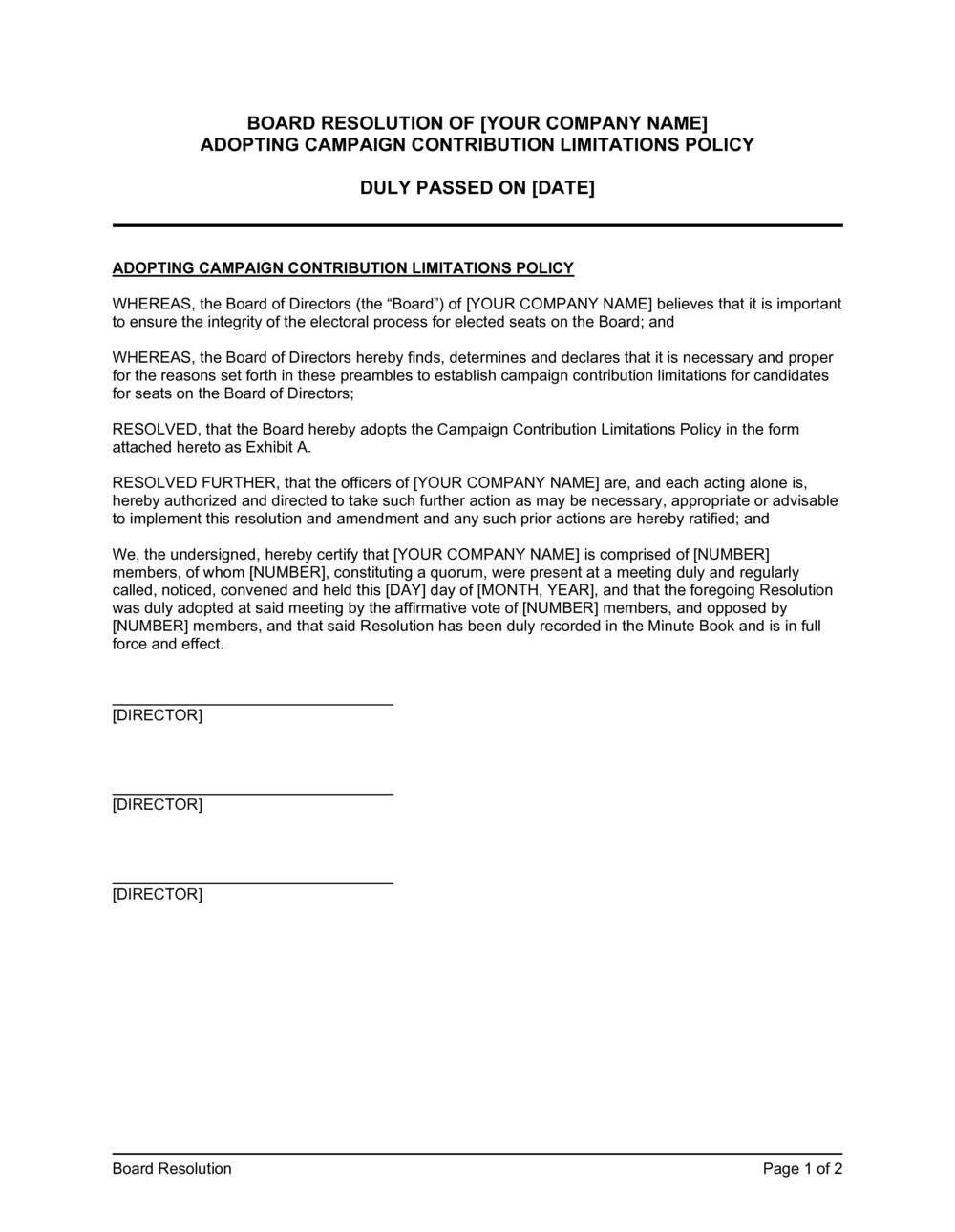 Business-in-a-Box's Board Resolution Adopting Campaign Contribution Limitations Policy Template