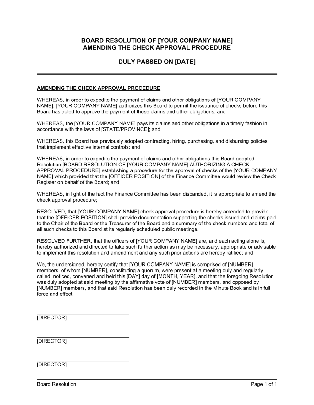 Business-in-a-Box's Board Resolution Amending the Check Approval Procedure Template