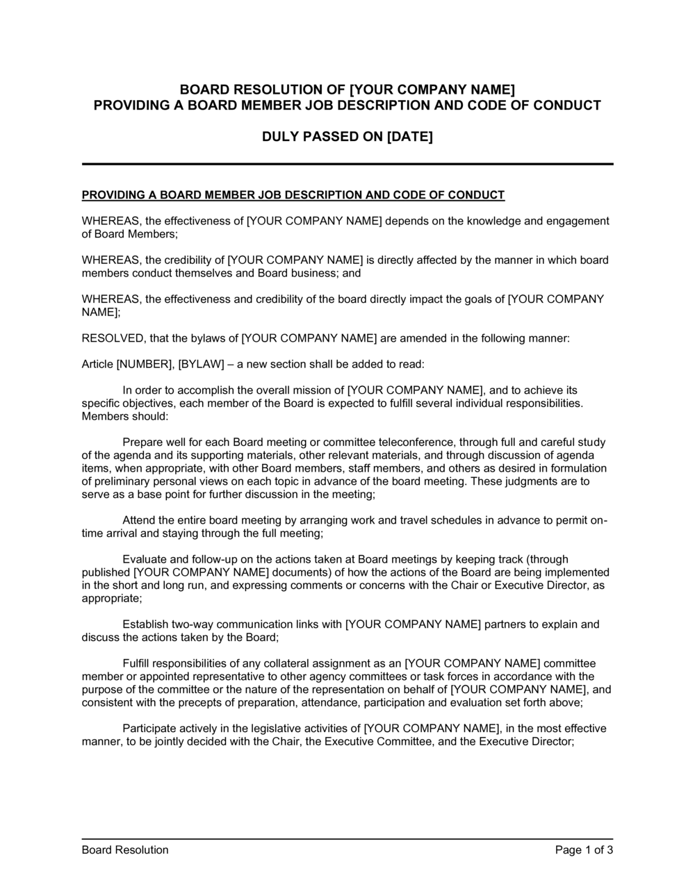 Business-in-a-Box's Board Resolution Approving Job Description & Code of Conduct Template
