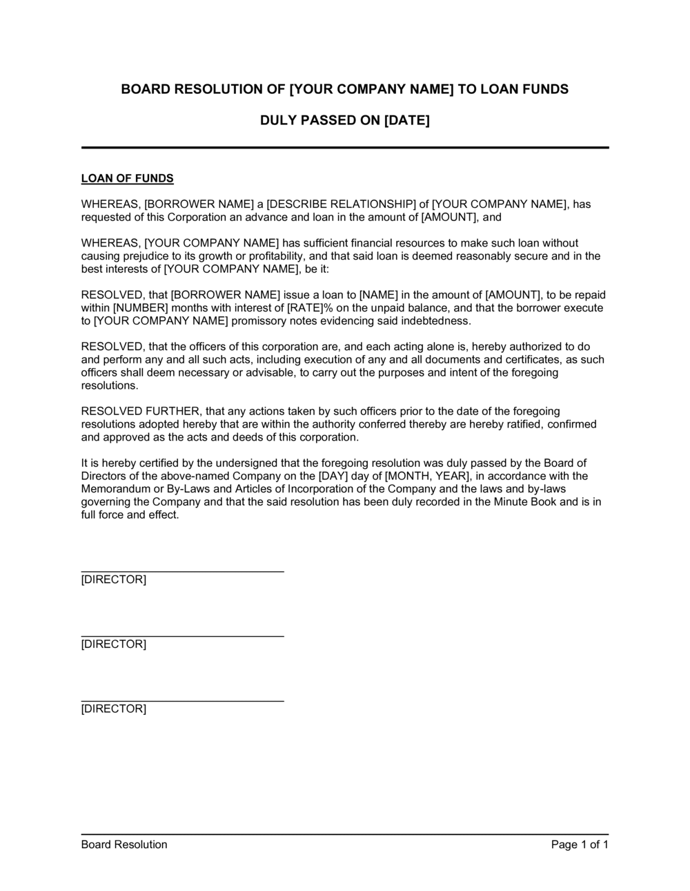 Board Resolution To Borrow Template