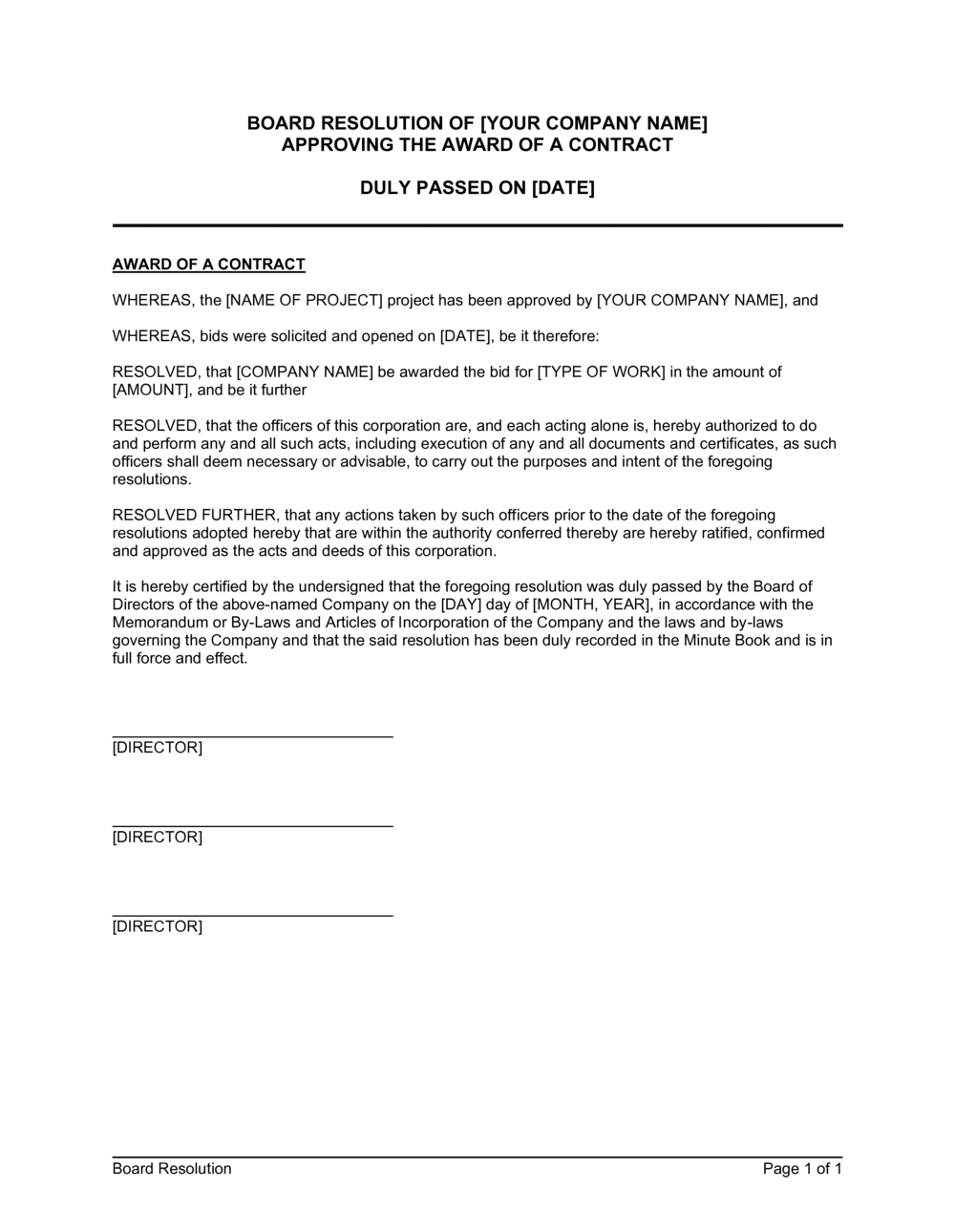 Board Resolution Approving The Award Of A Contract Template By 