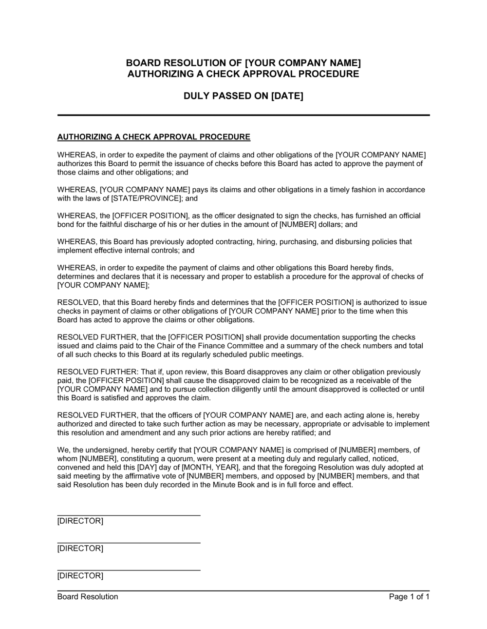 Business-in-a-Box's Board Resolution Authorizing a Check Approval Procedure Template