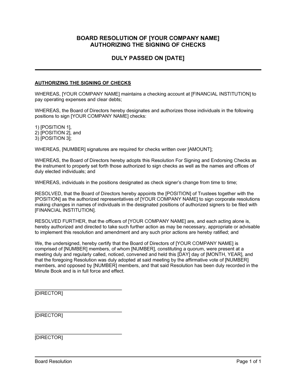 Board Resolution Authorized Signatory Template   Board Resolution Authorizing The Signing Of Checks D57 