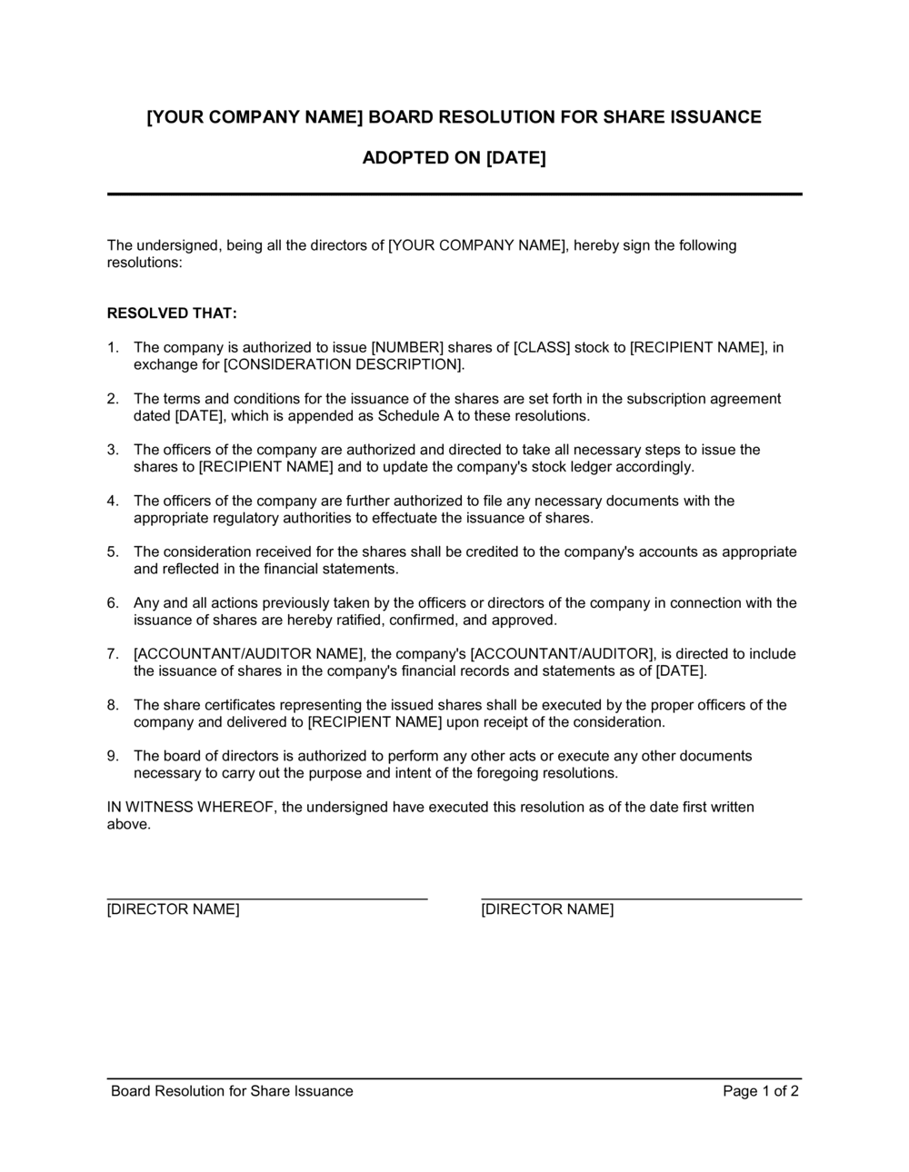 Business-in-a-Box's Board Resolution For Share Issuance Template
