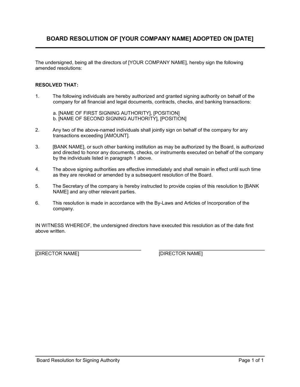 Business-in-a-Box's Board Resolution For Signing Authority Template