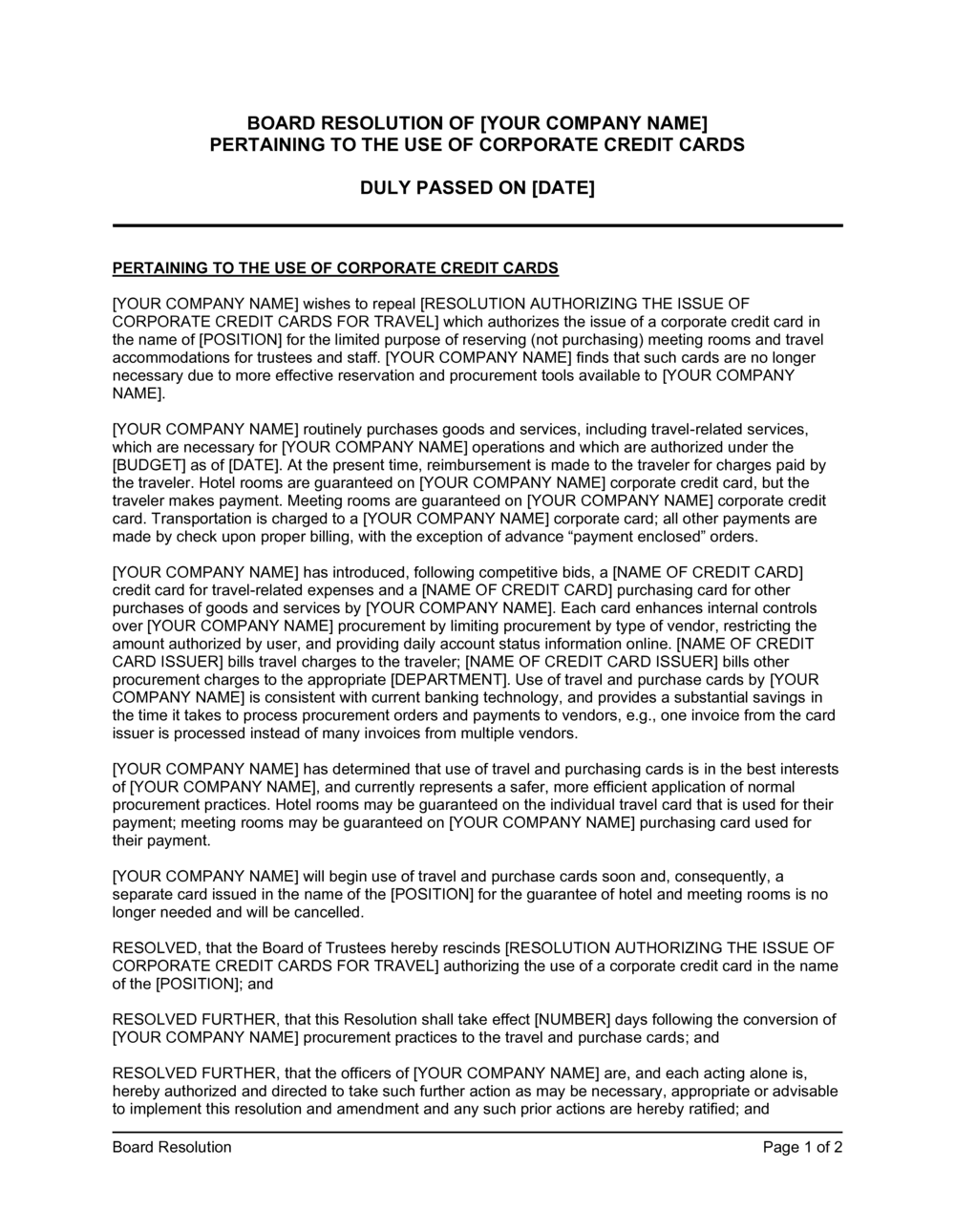 Business-in-a-Box's Board Resolution Pertaining to the Use of Corporate Credit Cards Template