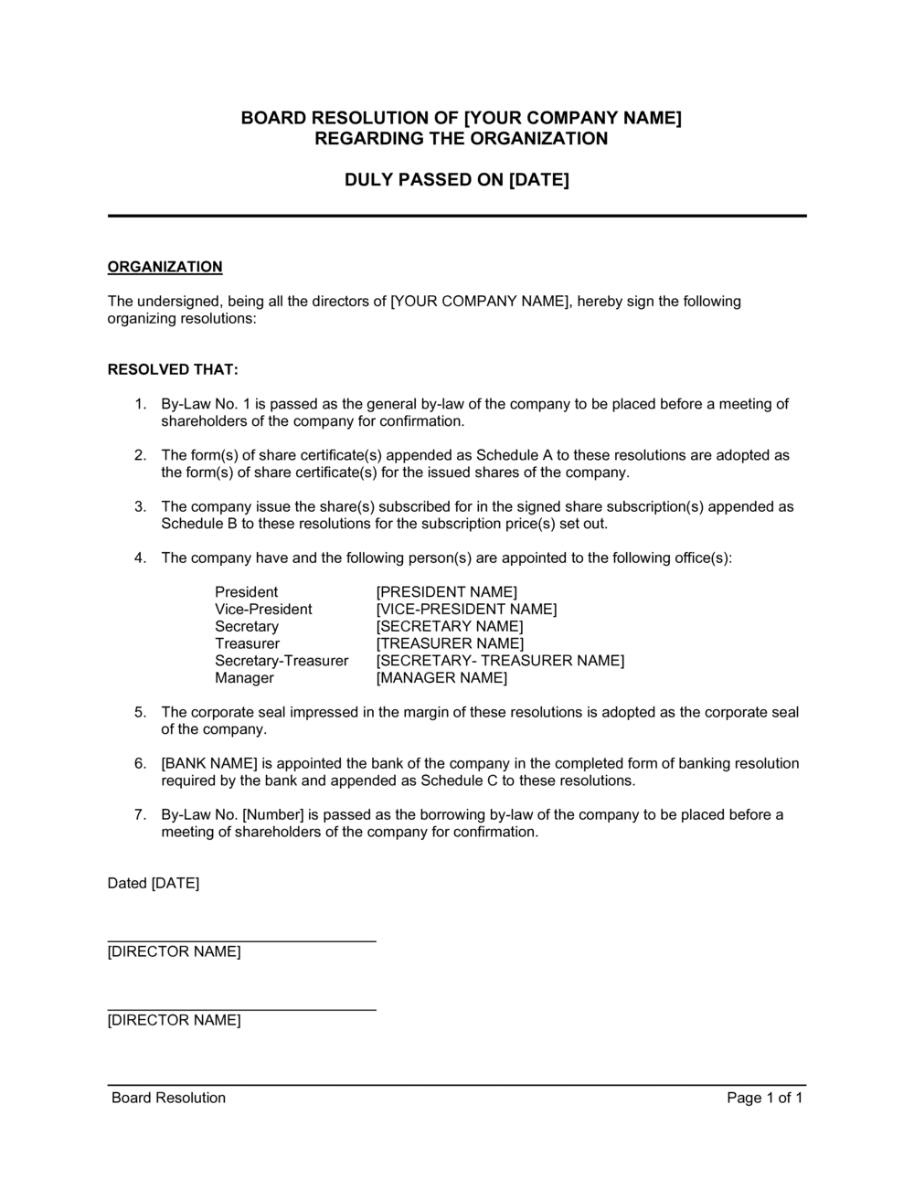 Board Resolution Regarding Organization Template  by Business-in