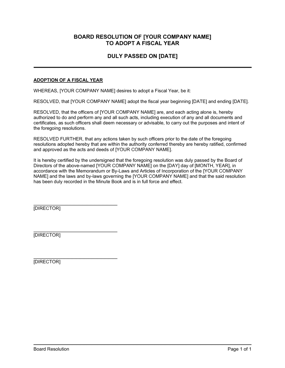 Business-in-a-Box's Board Resolution to Adopt a Fiscal Year Template