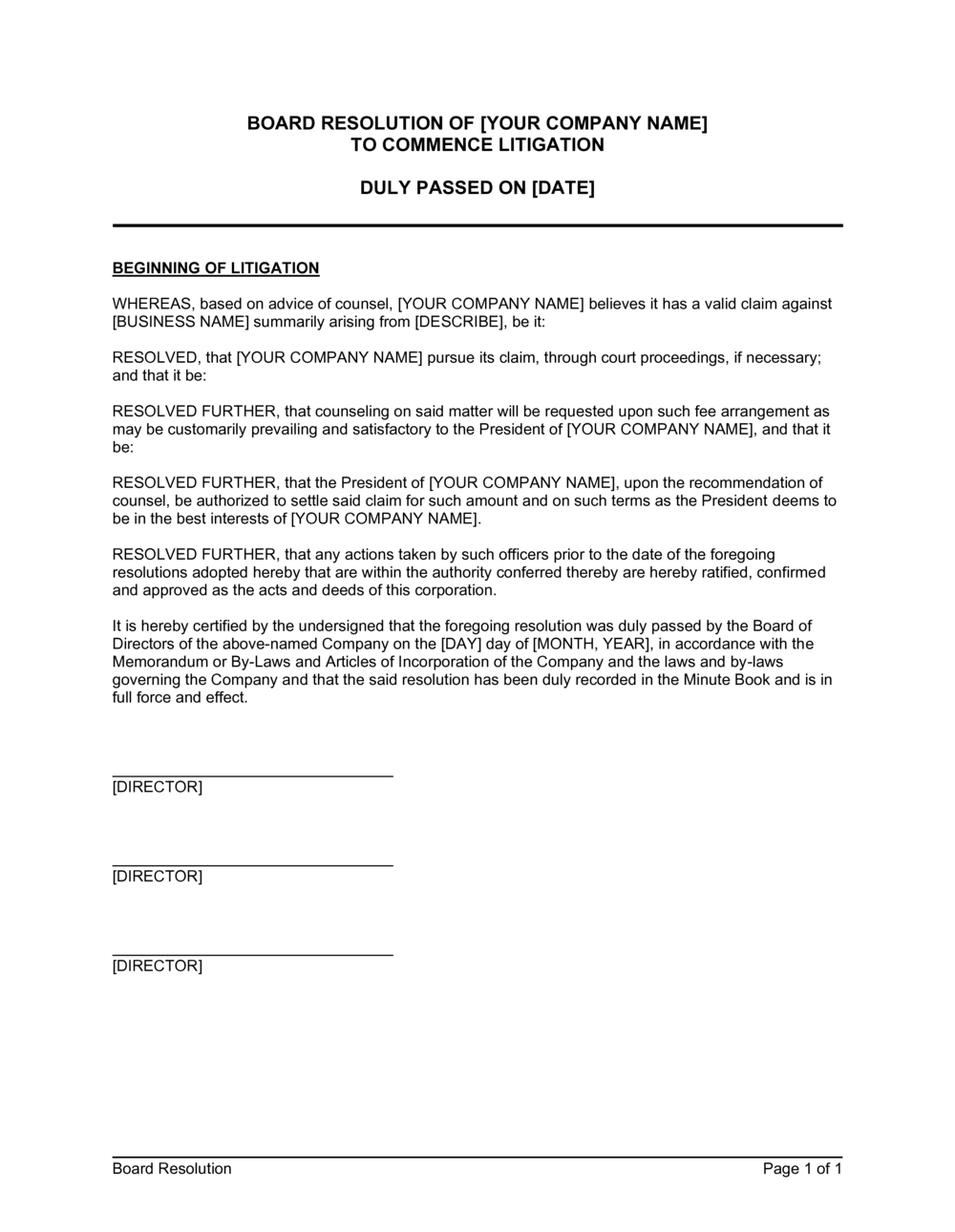 Board Resolution Format For Legal Proceedings Printable Templates