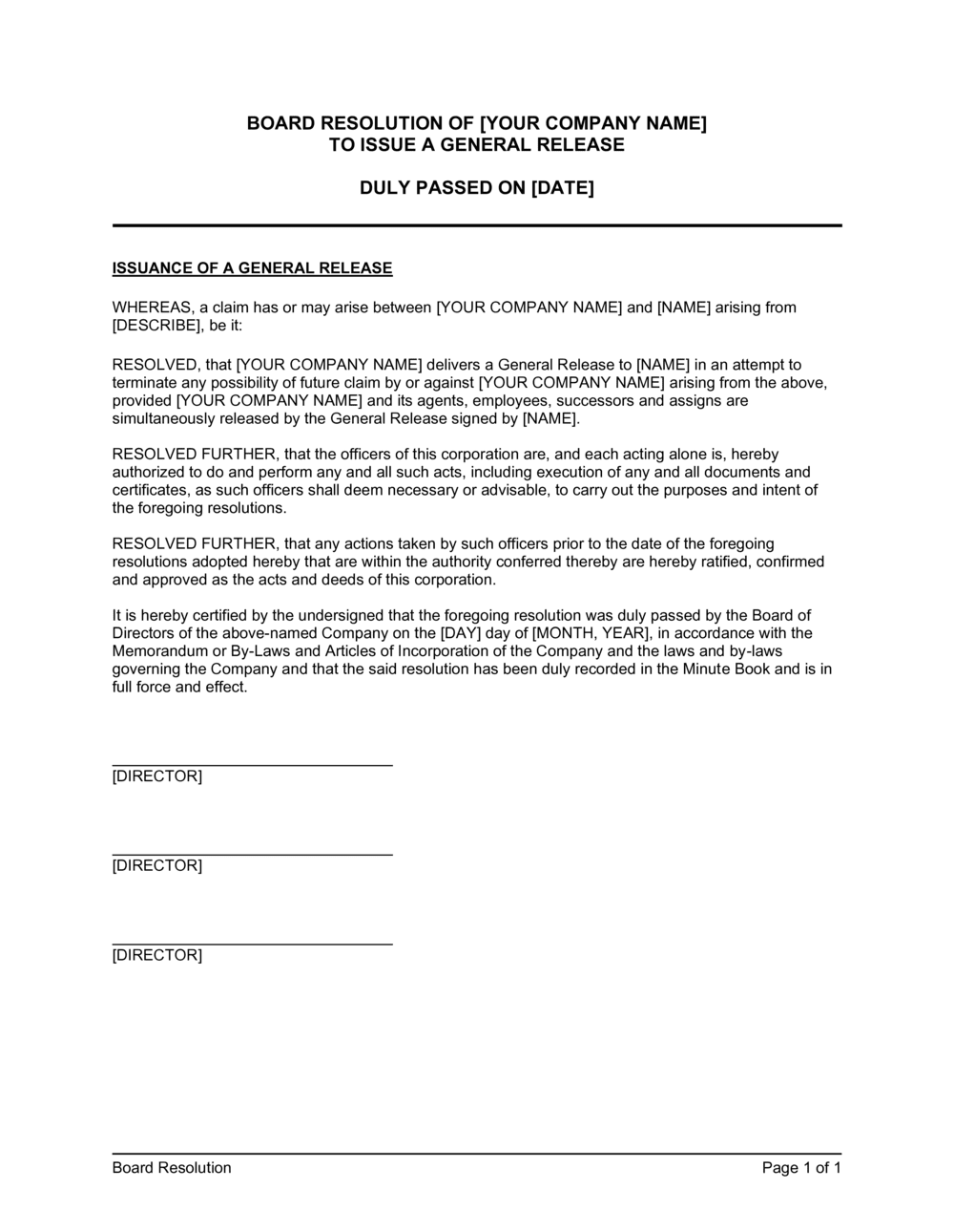 Business-in-a-Box's Board Resolution to Issue General Release Template