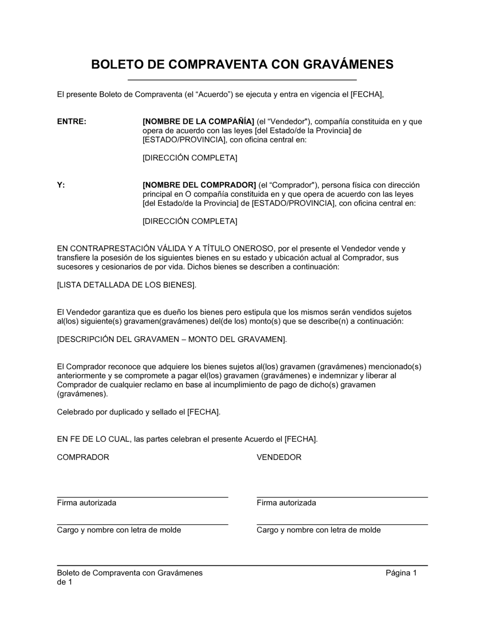 Business-in-a-Box's Boleto de compraventa con gravámenes