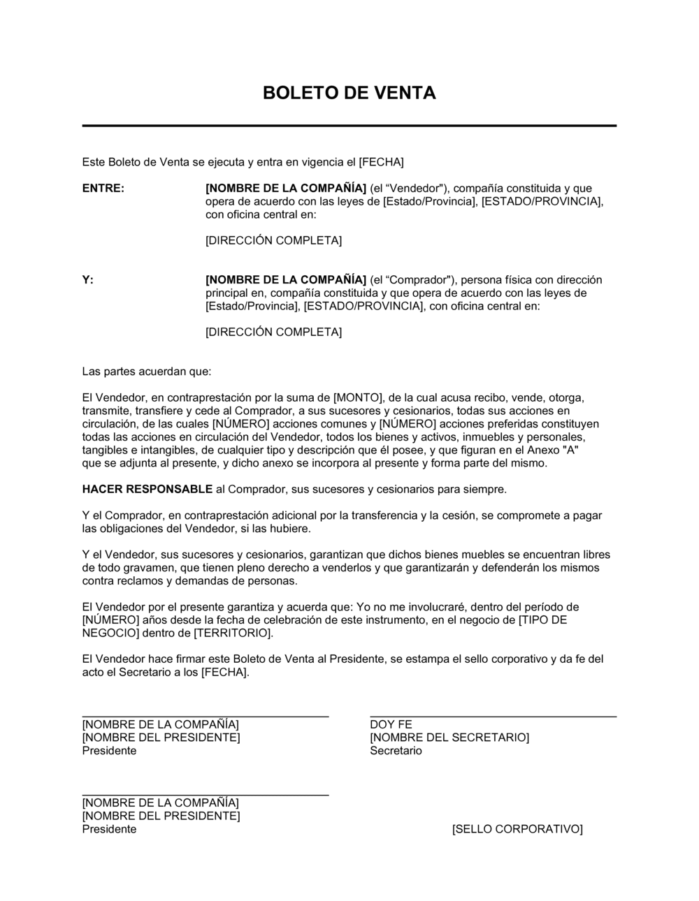 Business-in-a-Box's Boleto de compraventa para corporaciones