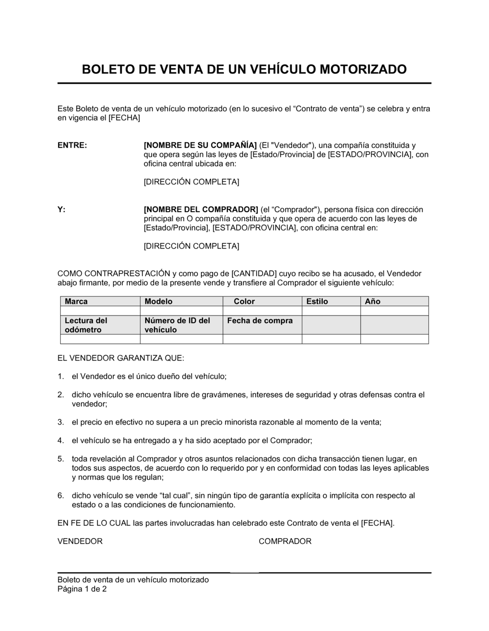 Business-in-a-Box's Boleto de venta de vehículo motorizado