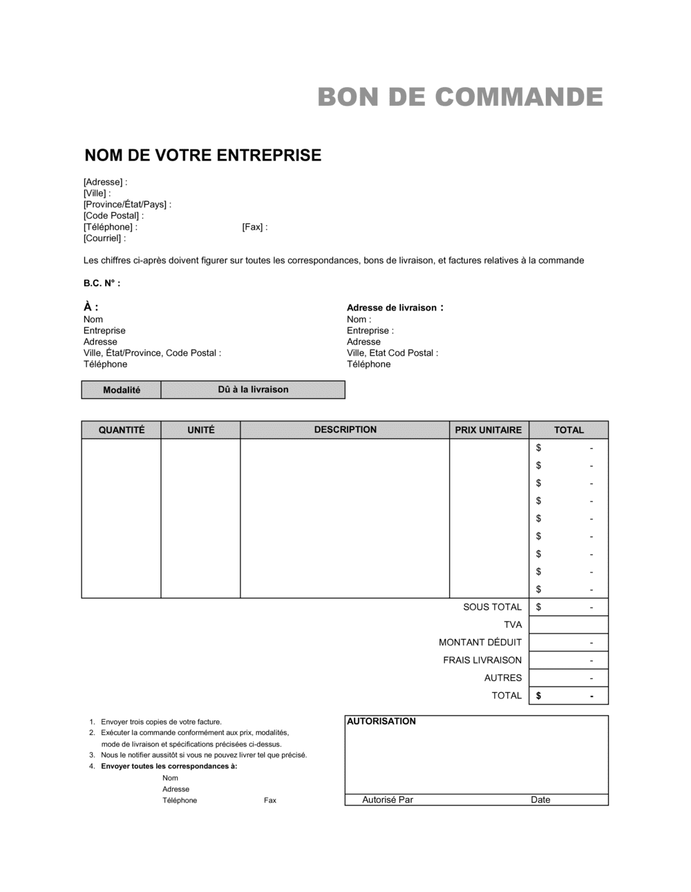 Business-in-a-Box's Bon de commande - Excel
