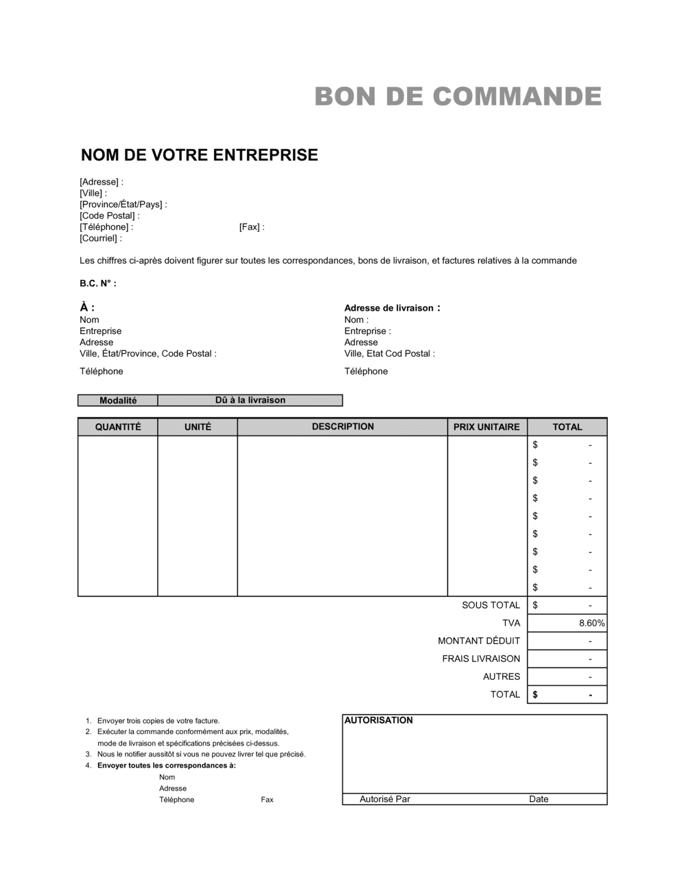 Business-in-a-Box's Bon de commande - Excel